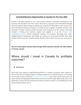 Unrivaled Business Opportunities In Canada For The Year 2021