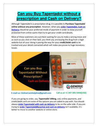 Can you Buy Tapentadol without a prescription and Cash on Delivery?