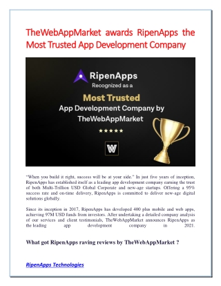 TheWebAppMarket awards RipenApps the Most Trusted App Development Company