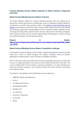 Contract Blending Services Market Expected to Deliver Dynamic Progression until