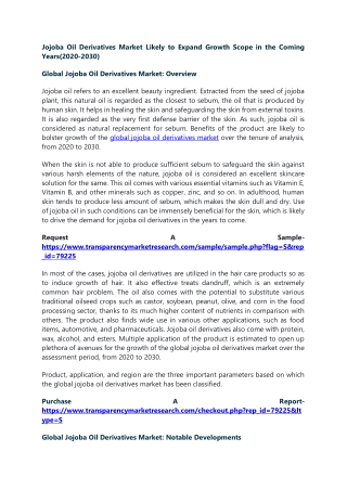 Jojoba Oil Derivatives Market Likely to Expand Growth Scope in the Coming Years