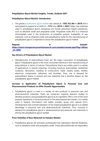 Polyalkylene Glycol Market Insights, Trends, Outlook 2027