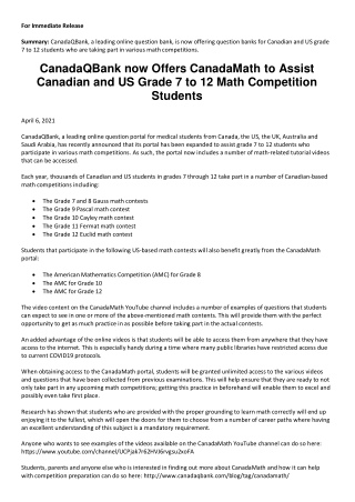 CanadaQBank now Offers CanadaMath to Assist Canadian and US Grade 7 to 12 Math C