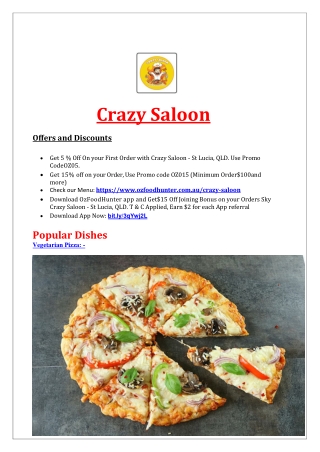 15% Off - Crazy Saloon menu - Pizza Restaurant in St Lucia, QLD