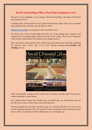 David Oriental Rugs Offers Flood Rug Cleaning Services