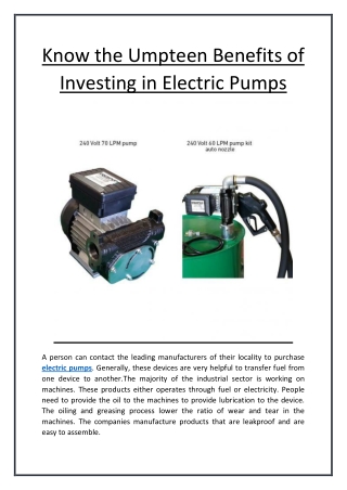 Know the Umpteen Benefits of Investing in Electric Pumps