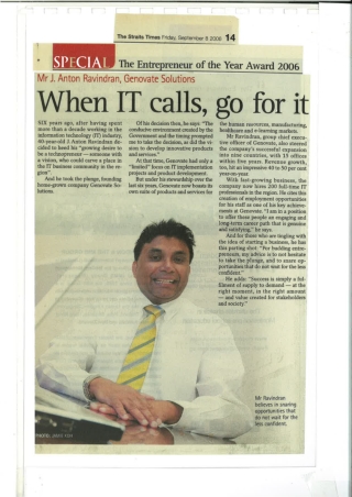 The Entrepreneur of the Year Award 2006. Published in "The Straits Times", Frida