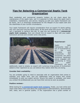 Tips for Selecting a Commercial Septic Tank Organization