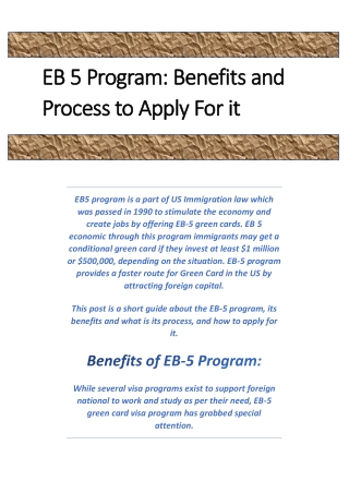 EB 5 Program Benefits and Process to Apply For it