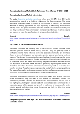 Decorative Laminates Market Likely To Emerge Over A Period Of 2021 – 2030