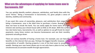 What are the advantages of applying for home loans now in Sacramento, CA