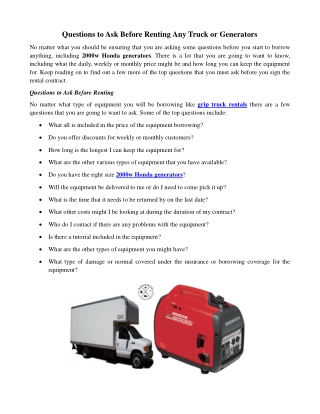 Questions to Ask Before Renting Any Truck or Generators