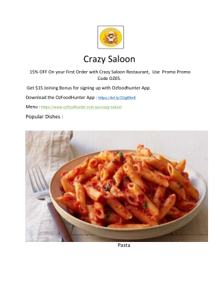 15% Off - Crazy Saloon menu - Pizza Restaurant in St Lucia, QLD
