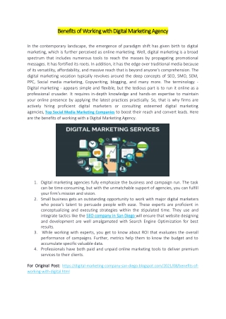 Benefits of Working with Digital Marketing Agency