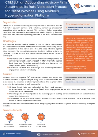 CNM LLP an Accounting Advisory Firm Automates its Rate Validation Process for Client Invoices using Nividous Hyperautoma