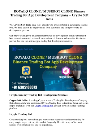 ROYALQ CLONE or MUSKBOT CLONE Binance Trading Bot App Development Company - Crypto Soft India