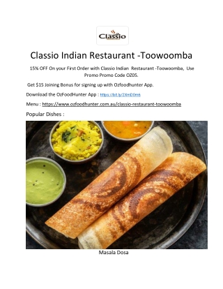 15% Off - Classio Indian Restaurant Toowoomba Menu, QLD