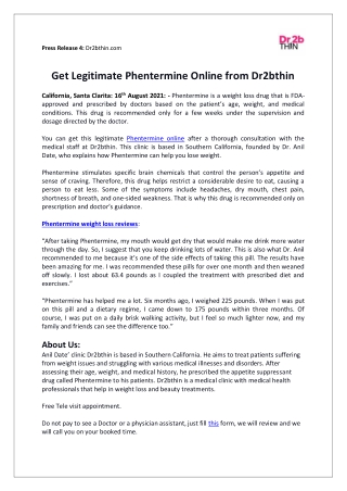 Get Legitimate Phentermine Online from Dr 2b Thin