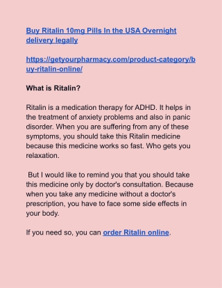 Buy Ritalin 10mg Pills In the USA Overnight delivery legally