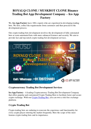 ROYALQ CLONE or MUSKBOT CLONE Binance Trading Bot App Development Company - Ico App Factory