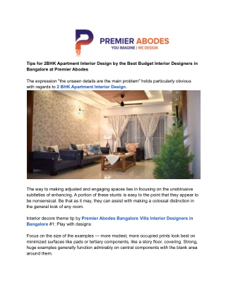 Tips for 2BHK Apartment Interior Design by the Best Budget Interior Designers in Bangalore at Premier Abodes