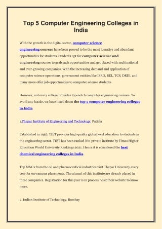 Top 5 Computer Engineering Colleges in India