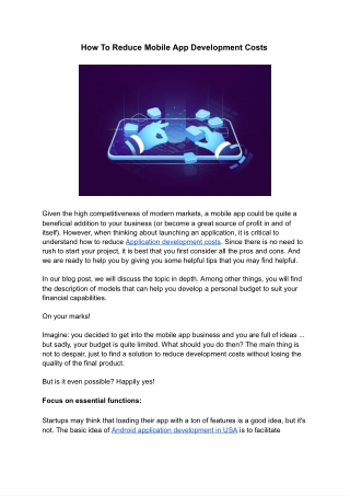 How To Reduce Mobile App Development Costs