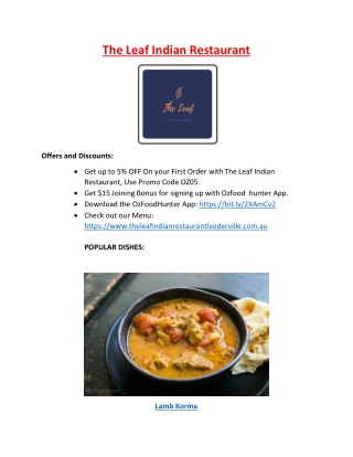 5% off - The Leaf Indian Restaurant Menu Leederville, WA