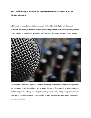 Post Graduate Diploma in Broadcast Journalism NIMS University Jaipur - Course fee, Eligibility, placement