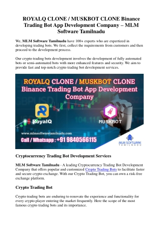 ROYALQ CLONE or MUSKBOT CLONE Binance Trading Bot App Development Company - MLM Software Tamilnadu