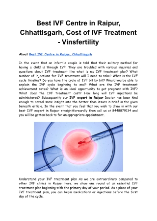 Best IVF Centre in Raipur, Chhattisgarh, Cost of IVF Treatment - Vinsfertility