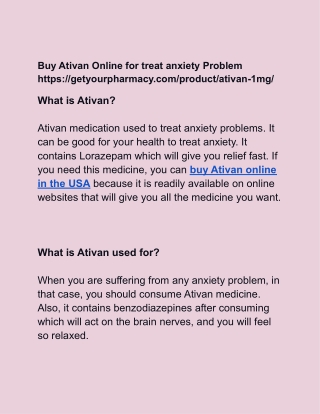 Buy Ativan Online for treat anxiety Problem