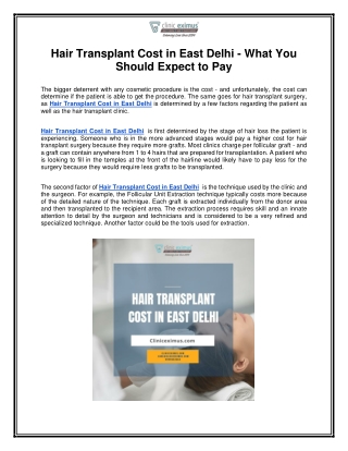 Hair Transplant Cost in East Delhi - What You Should Expect to Pay
