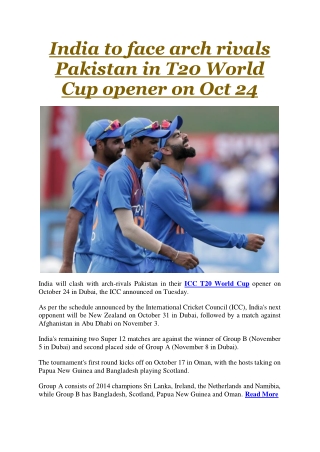 India to face arch rivals Pakistan in T20 World Cup opener on Oct 24