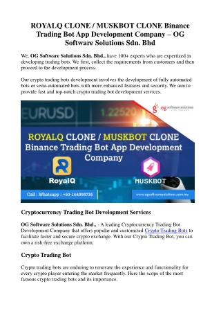 ROYALQ CLONE or MUSKBOT CLONE Binance Trading Bot App Development Company - OGSS Malaysia