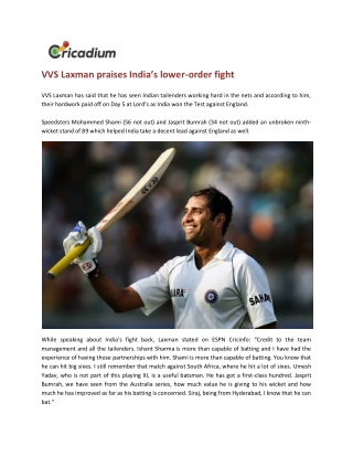 VVS Laxman praises India’s lower-order fight