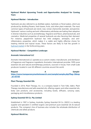 Hydrosol Market Upcoming Trends and Opportunities Analyzed for Coming Years