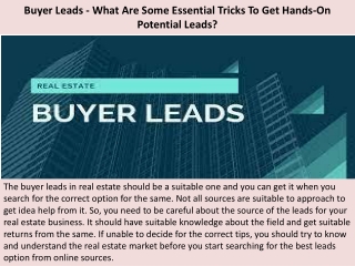 Buyer Leads - What Are Some Essential Tricks To Get Hands-On Potential Leads?