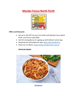 15% Off -Mondo Fresco Italian Pizza Restaurant North Perth Menu, WA