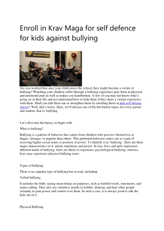 Enroll in Krav Maga for self defence for kids against bullying
