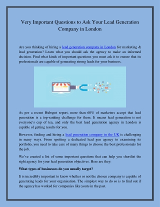 Very Important Questions to Ask Your Lead Generation Company in London