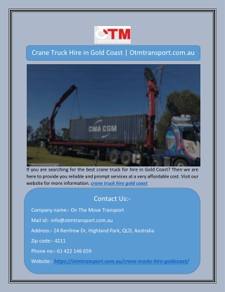 Crane Truck Hire in Gold Coast | Otmtransport.com.au