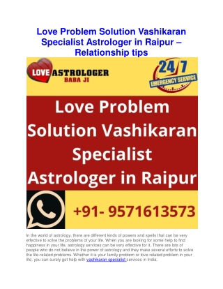 Love Problem Solution Vashikaran Specialist Astrologer in Raipur