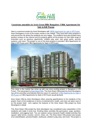 Luxurious amenities in Arsis Green Hills Bangalore 3 Bhk Apartments for Sale in KR Puram