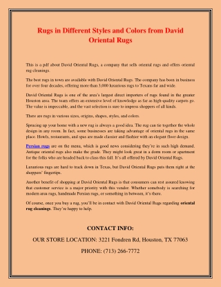 Rugs in Different Styles and Colors from David Oriental Rugs