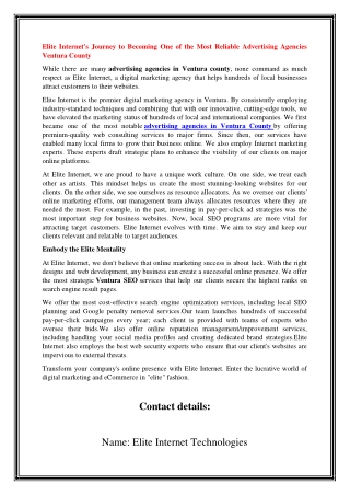 Elite Internet's Journey to Becoming One of the Most Reliable Advertising Agencies Ventura County