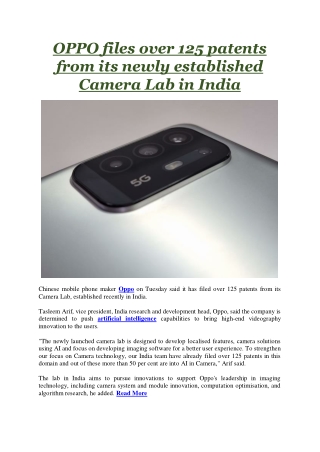 OPPO files over 125 patents from its newly established Camera Lab in India