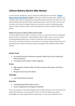 Lithium Battery Electric Bike Market Outlook: Heading To the Clouds