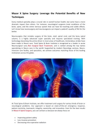 Mazor X Spine Surgery Leverage the Potential Benefits of New Techniques