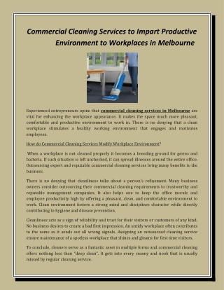 Commercial Cleaning Services to Impart Productive Environment to Workplaces in Melbourne